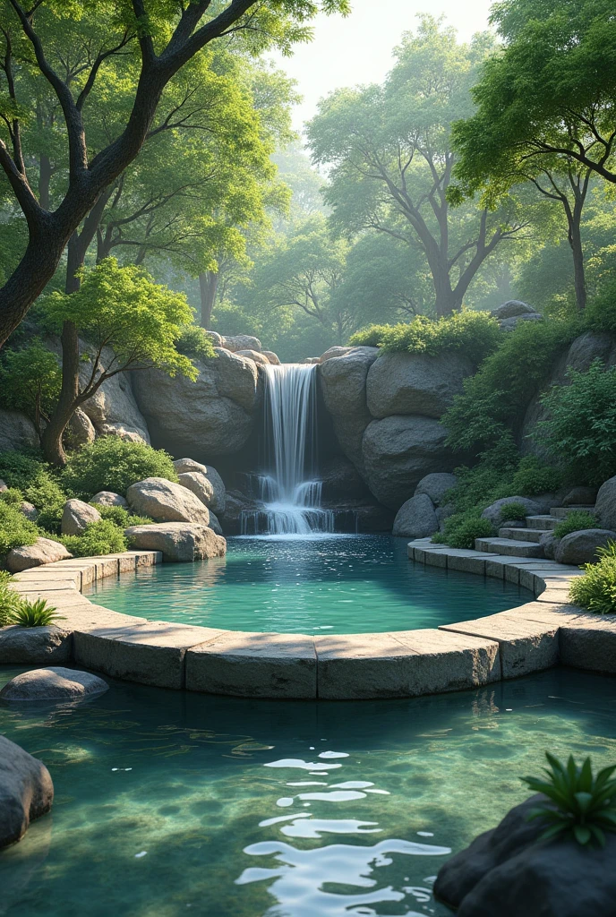 Round pond with stone finish and rock waterfall