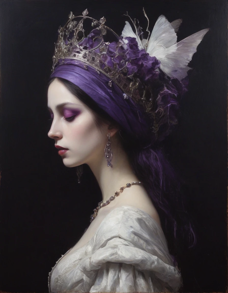 sideview,James Gurney, Surrealist art , dream-like, mysterious, Provocative, symbolic, Complex, detailed,(Gothic but very beautiful:1.4), (masterpiece, Highest quality:1.4) , Nicola Samori Style, Purple and White Queen