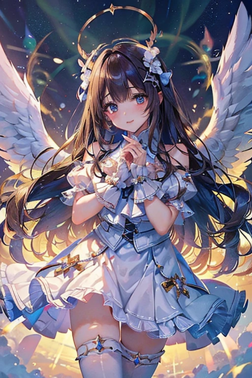 tmasterpiece, (Best quality:1.2), [:Complicated details:0.2], 1 plump girl,  Angelic, the angel's wings, White frills, (Daytime sky), A flashing halo, intense concentration, Burst energy, mystic symbols, scintillation particles,