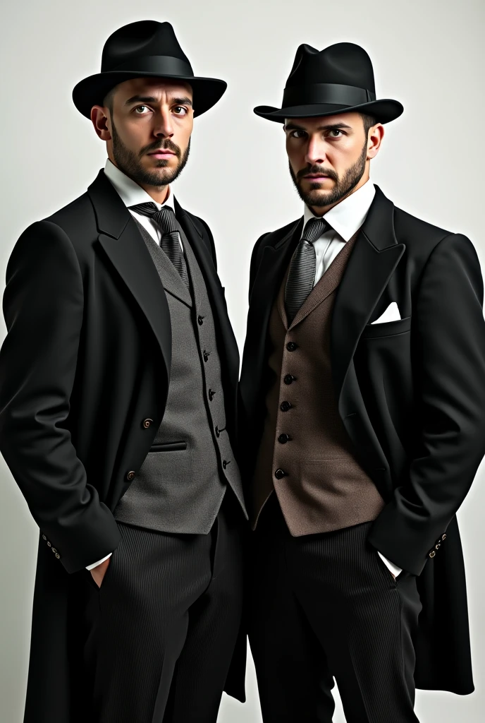 Two men dressed as peaky blinders together, in a photo session and that their faces are clearly visible, both from torso up with white or gray background
