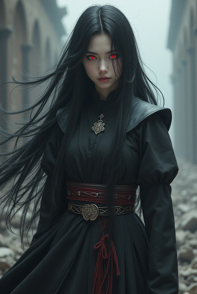 portrait, long hair, black gray hair, crimson eyes, 1girl, head, face, cultivators, absurdres, masterpiece, best quality, cultivators costume, ((female cultivators)), long hair, desolation, ruins, dynamic pose, apocalypse, spellcasting, Style-Glass, full body shot