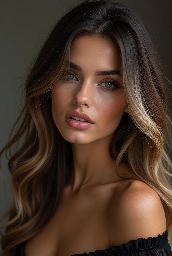 Long haired brunette woman with sexy blonde highlights who looks like sophie mudd realistic 