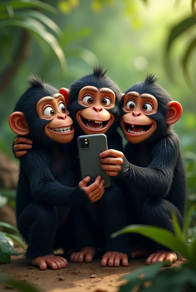 Three black monkeys selfie together