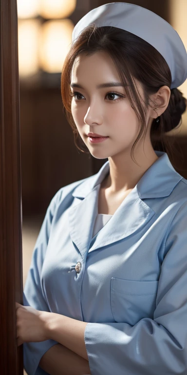 Tabletop, Highest quality,Realistic、Professional Lighting、Face Light、 Photorealistic, In detail, High resolution, 8k wallpaper, Perfect dynamic composition, Beautiful attention to detail, Very detailed, Beautiful attention to detail, A navy blue nurse&#39;s uniform with stripes about 5cm wide running from the armpits, Sexy Face, Beautiful realistic face, Beautiful feet, The eyes are brown, Her hair color is blonde, Hair length is shoulder length, Real photo quality beautiful woman、actress、Modeled、so beautiful、Beautiful Skin、Beautiful and detailed、Detailed face、slim、modest chest、Bob Cut Hair、Brunette Hair、Brown eyes、Soft impression、Gentle expression、Looking into the camera、Show your toes,Tabletop,Hyper Detail(Detailed skin:1.2),(Glowing Skin:1.1) (Highest quality,8k, masterpiece, 超High resolution, RAW写真Realistic:1,4,Soft Saturation:1.3,Sharp focus: 1.2, ),(Fair skin:1.2), Full Body Shot,Random Pause,Japanese Idols,(穏やかでGentle expression:1.5),(A big smile),((Blonde)), Medium Hair, Asymmetrical hair, Wavy Hair,Small Head,Baby Face(Pretty face:1.4),Natural color lip, ( modest chest, Tight waist), 非常にDetailed face,, double eyelid,（A beautiful, attractive young woman with a perfect figure,Child: 1.2），（Accentuate the beauty of your leg lines)、Beautiful feet, A modest bust with full legs and feet visible、school uniform、Navy blue ribbon、Light blue shirt、Navy Blue Skirt、Burning idol pose、in the train、Beautiful legs、
