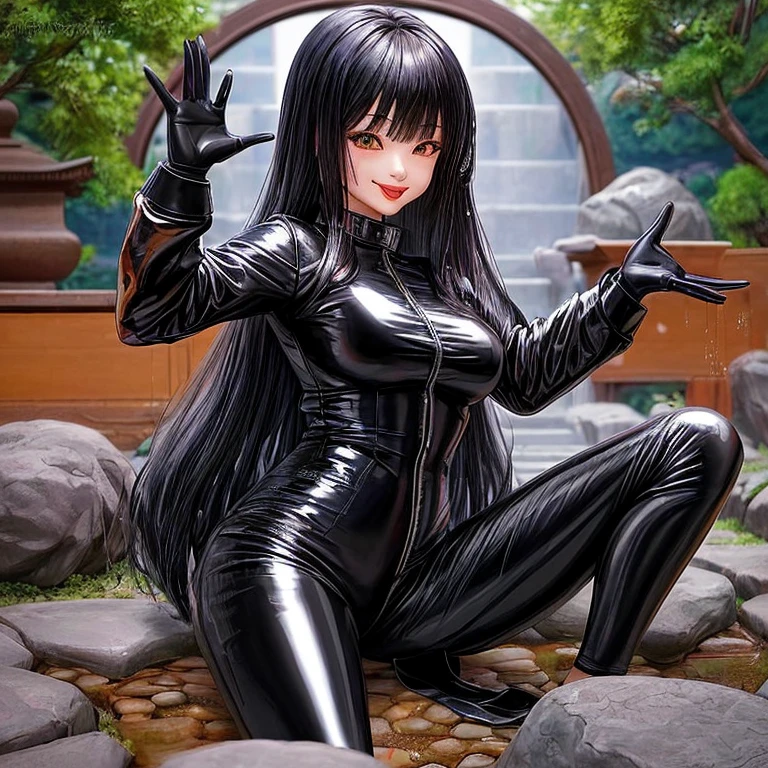 Asian Girls, Anime, Black Leather Pants, Satin Jacket with latex shirt, Long Hair with bangs, Zen Garden, with leather Gloves, Asian, Smile, Friendly, Happy, wet tongue out, no breast. 