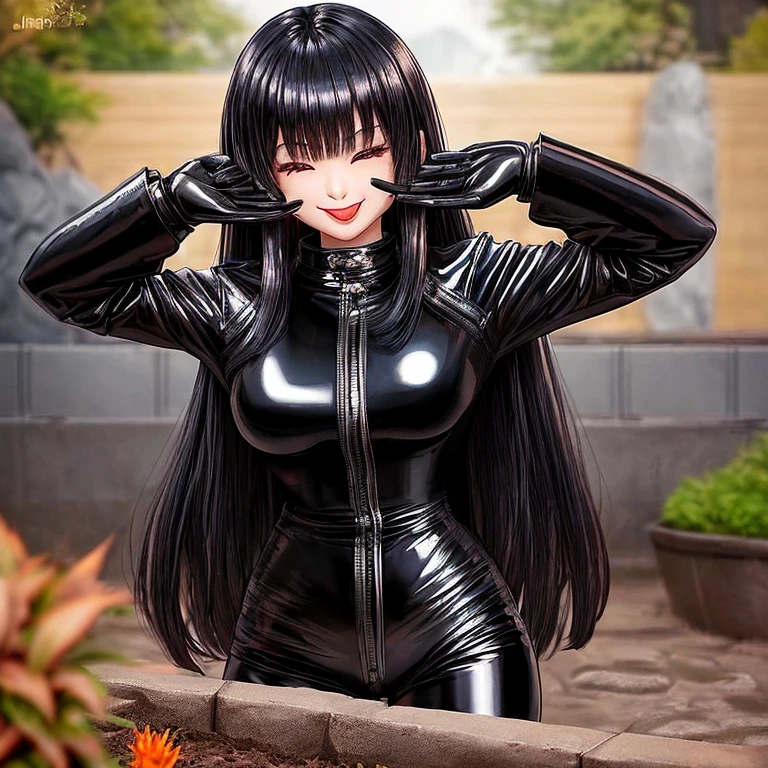 Asian Girls, Anime, Black Leather Pants, Satin Jacket with latex shirt, Long Hair with bangs, Zen Garden, with leather Gloves, Asian, Smile, Friendly, Happy, wet tongue out, no breast. 