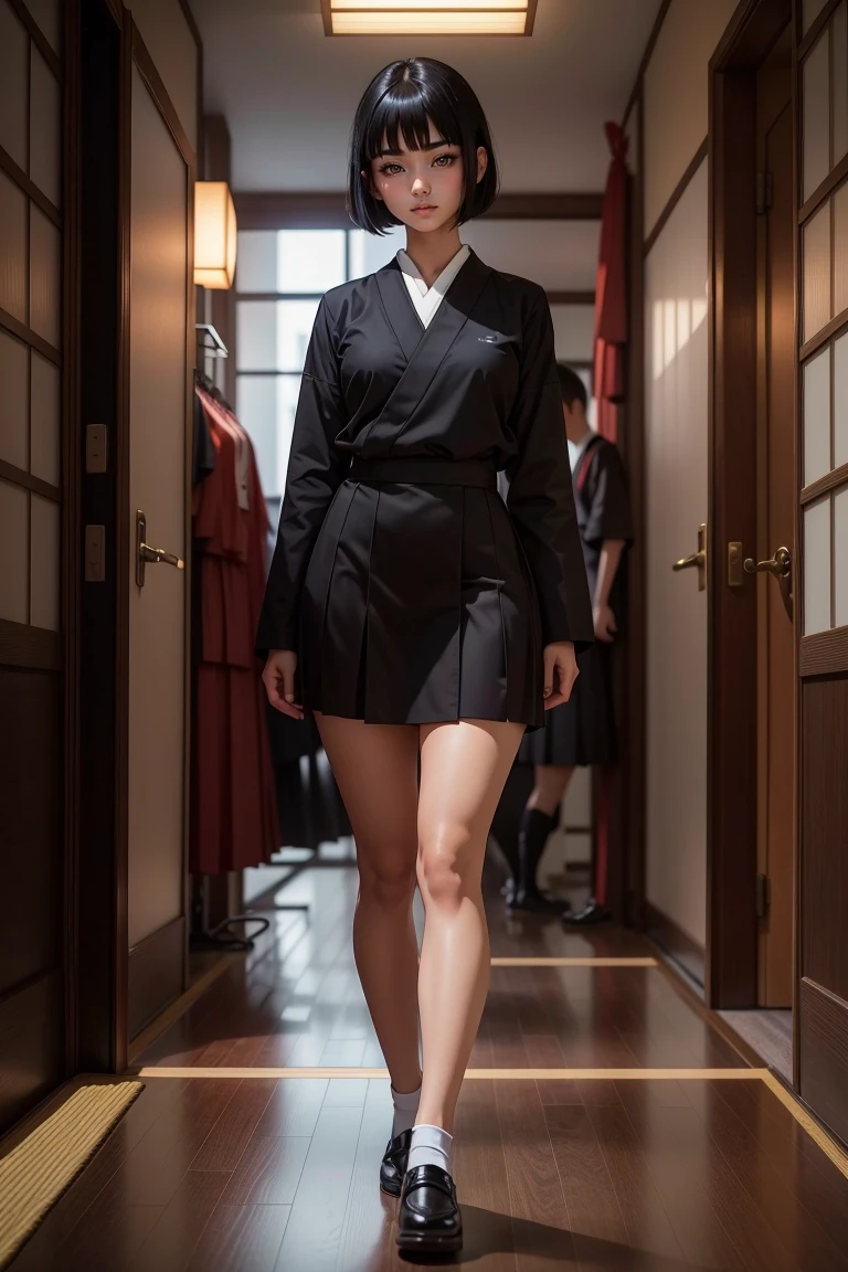 full body shot of sexy 19-year old, (Japanese school uniform), ((eyes glowing)), (calm look), stunning, black hair, fancy haircut, (confident pose), 