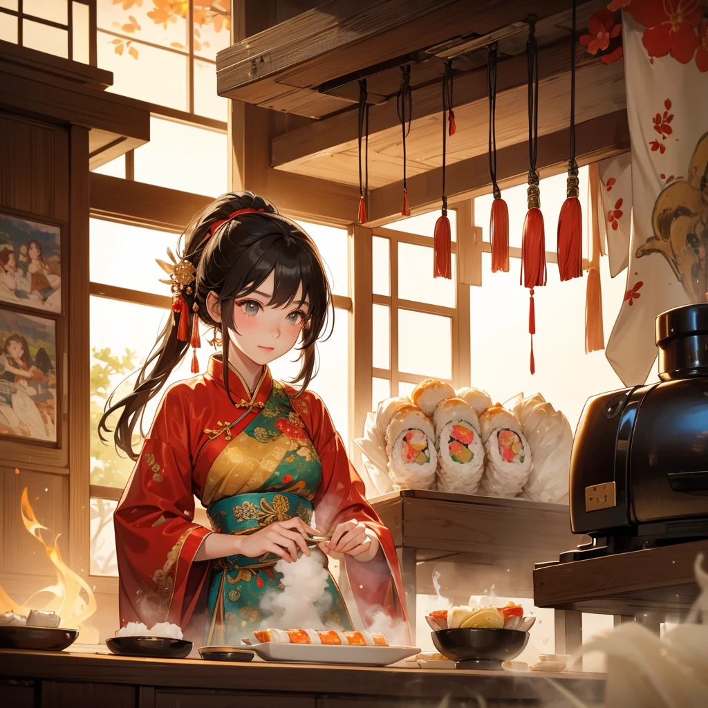Beautiful girl in ancient Chinese costume Standing in the kitchen making sushi rolls in front of the fire in the middle of the day. The sun shines on my face, my eyes sparkle. There is a place for steaming steamed buns nearby.