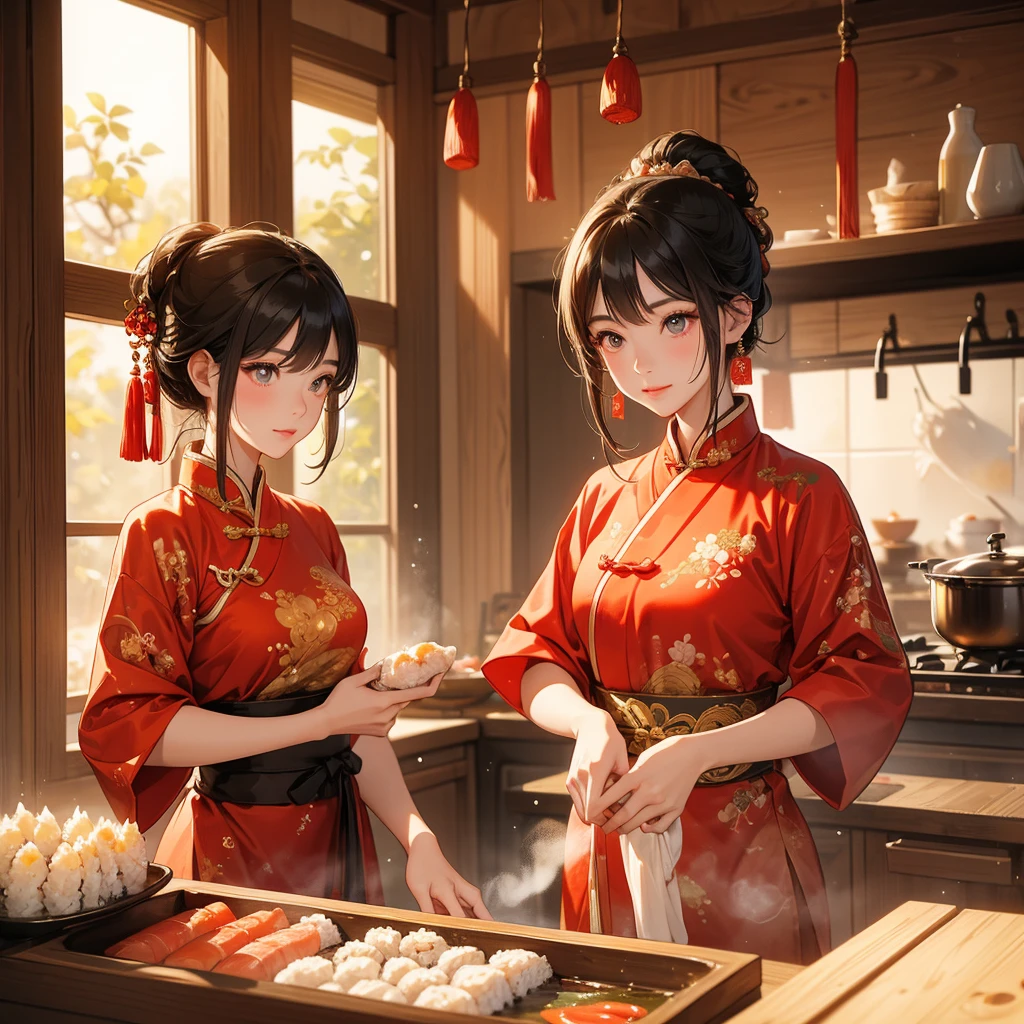 Beautiful girl in ancient Chinese costume Standing in the kitchen making sushi rolls in front of the fire in the middle of the day. The sun shines on my face, my eyes sparkle. There is a place for steaming steamed buns nearby.