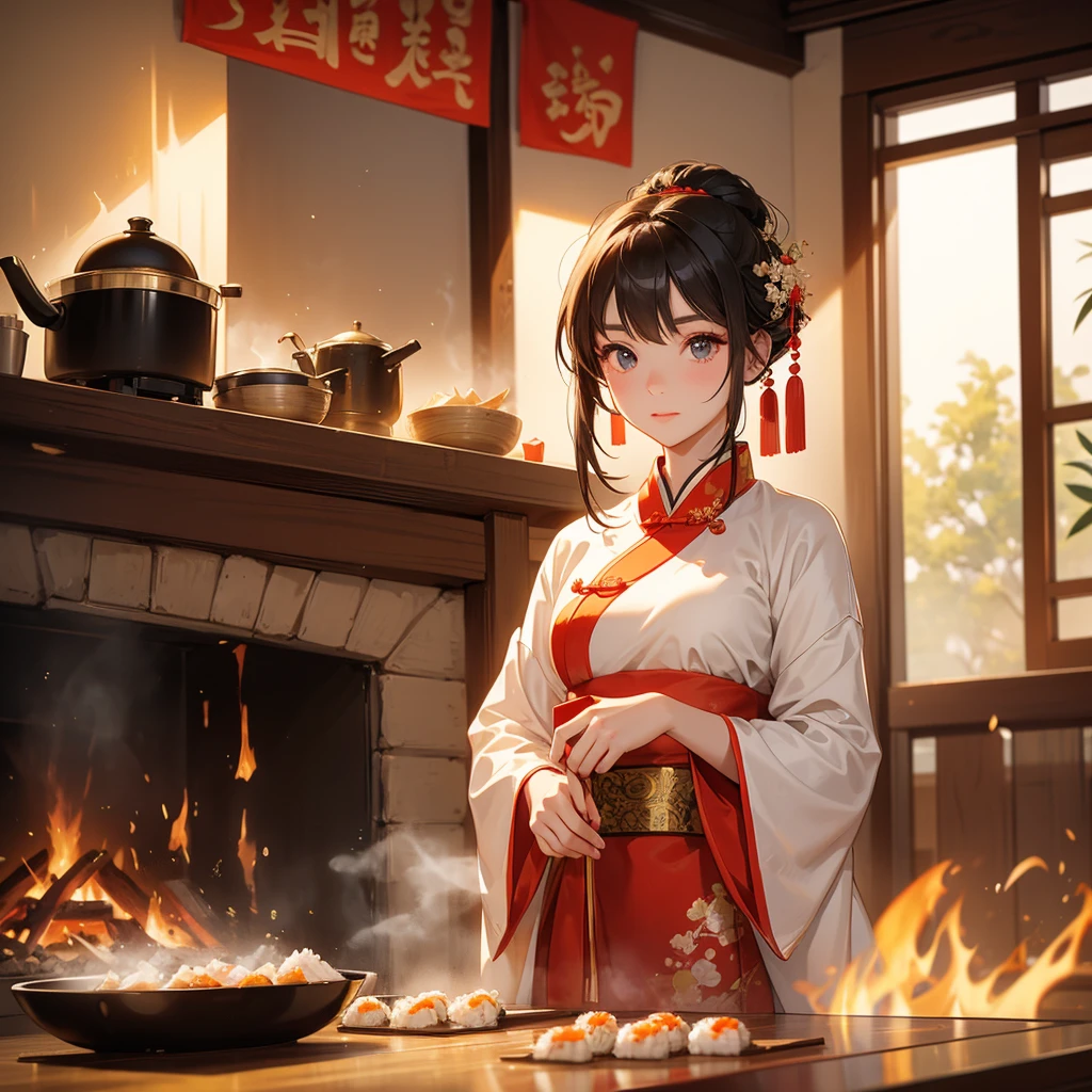 Beautiful girl in ancient Chinese costume Standing in the kitchen making sushi rolls in front of the fire in the middle of the day. The sun shines on my face, my eyes sparkle. There is a place for steaming steamed buns nearby.