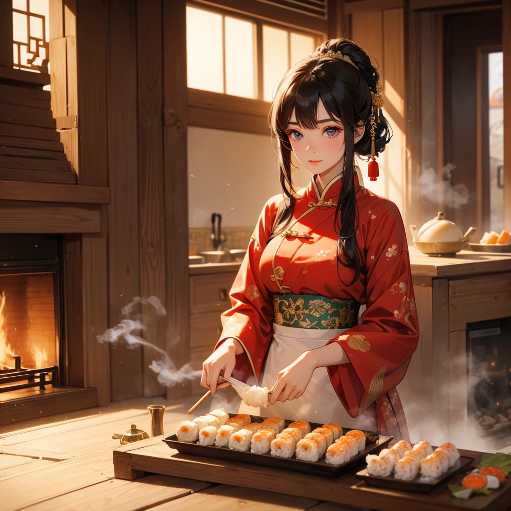 Beautiful girl in ancient Chinese costume Standing in the kitchen making sushi rolls in front of the fire in the middle of the day. The sun shines on my face, my eyes sparkle. There is a place for steaming steamed buns nearby.