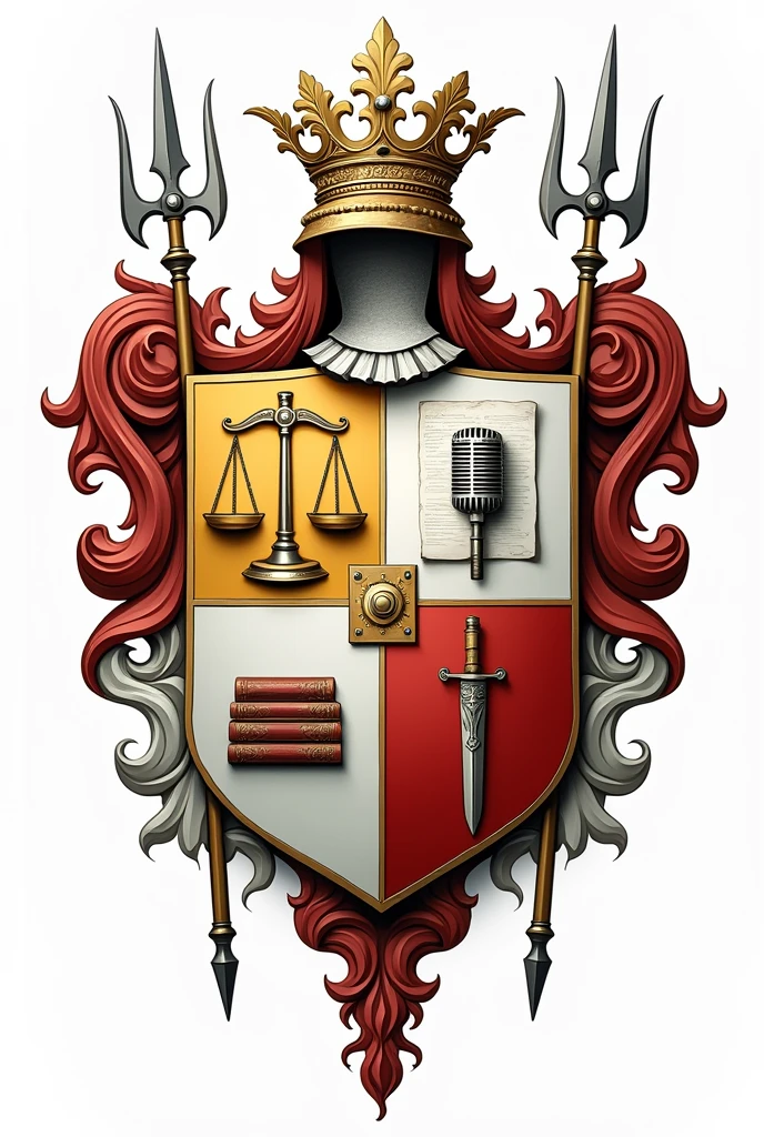 Generate coat of arms for the surname LUGO. Divide the shield into 4 quarters and place the following elements in them: 1) a scale of justice and a sword, 2) microphone, sheet of paper and fountain pen, 3)  books, 4) caduceus. External decorations of the shield, a pair of spears