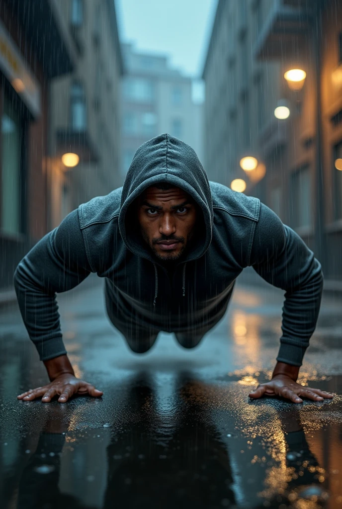 Create a man in the rain wearing a sweatshirt and doing push-ups.
