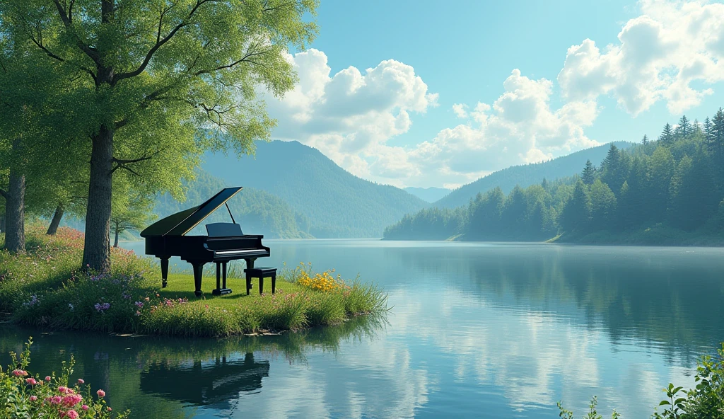 "Black grand piano、It sits on a small island in the middle of a calm, reflective lake.。Blooming flowers all around々and lush greenery spreads out、Tall pine trees in the distance々I can see。Soft fluffy clouds float in the sky、Sunlight pours in、It creates a calm and dreamy atmosphere.。The tranquility of natural scenery、To portray the elegance of the piano in a realistic and detailed way。"
Green foliage tree、A cool, green tree々、Colorful flowers are blooming