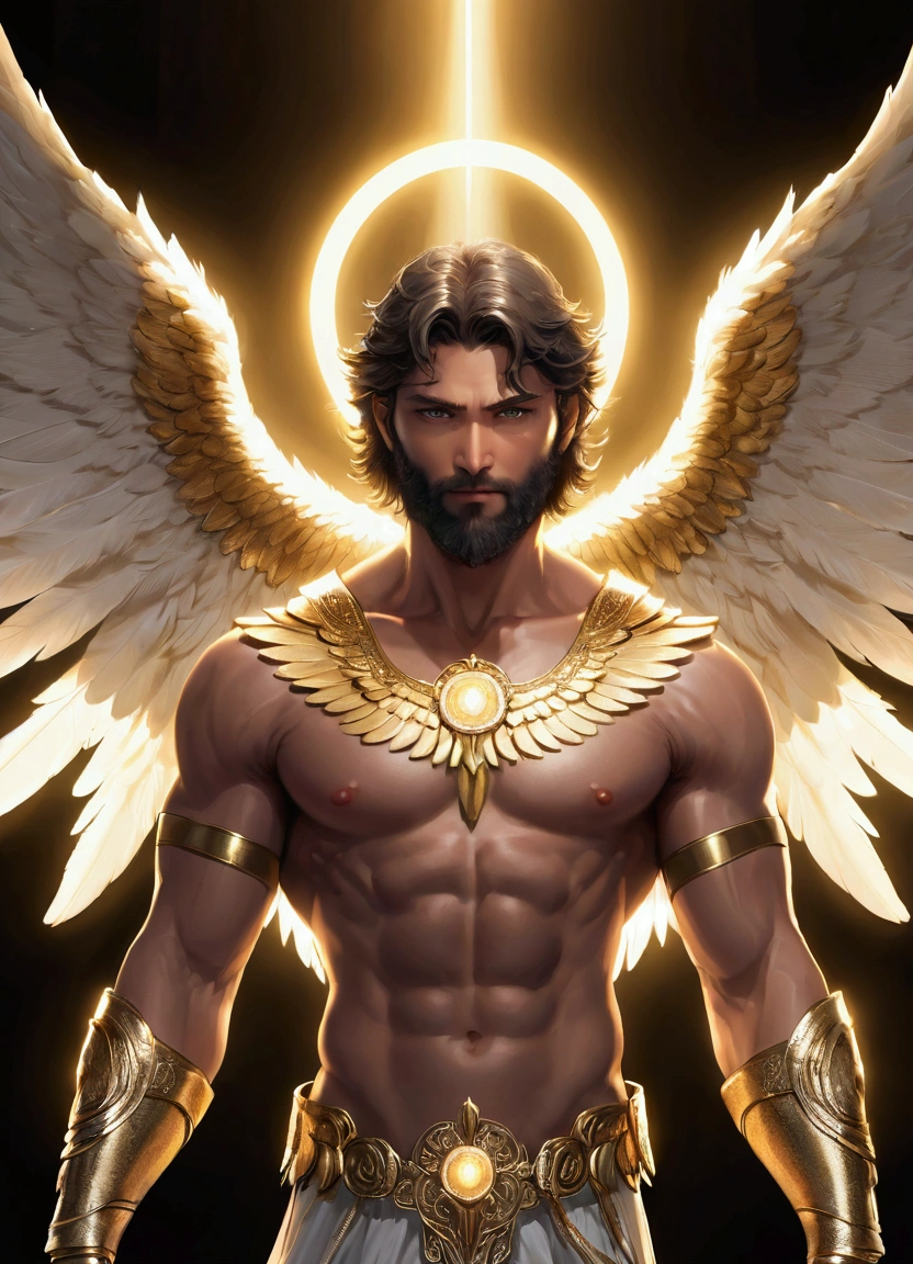 dark, Male angel, Beams of light enveloped his body, Feather wings spread, There is a golden halo above the head, muscular, beard, Delicate eyes,  Strong gaze, Textured Skin, movie lighting, glare, Photon Mapping, Physically Based Rendering, masterpiece, best quality, Intricate details, 