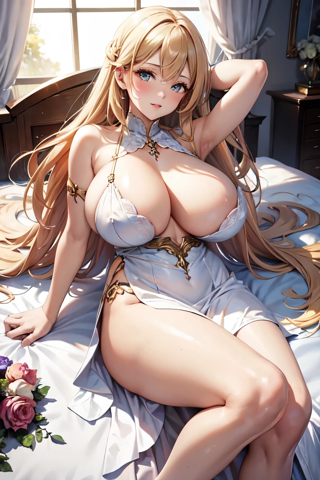 (masterpiece, Absurd quality, Official Art, beautiful and aesthetic:1.2), professional, Bright colors, Octane Rendering, Beautiful woman with long blonde hair, Curtain edge, Yellow eyes, lying on a bed of flowers, ((Lying down)), Looking at the sky, Beautiful flowing opaque white dress, goddess, Female pose, Full background, ((silk)), (Flowers, Rose), In-depth background, View from afar, glow, iridescent dress, Jewelry, window, Blue sky, cloud, castle, whole body, Soft lighting, 8K, best quality, best quality, ((Anatomically correct))Huge breasts(100.0) Huge breasts(100.0) Huge breasts(100.0) Huge breasts(100.0) Huge breasts(100.0) Huge breasts(100.0)Protruding nipples(100.0) Protruding nipples(100.0) Protruding nipples(100.0) Protruding nipples(100.0) Protruding nipples(100.0)