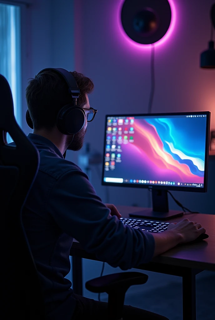 Why is a guy sitting at his gaming setup looking at the camera in front and at his computer and lighting at the back trying to make a still video?