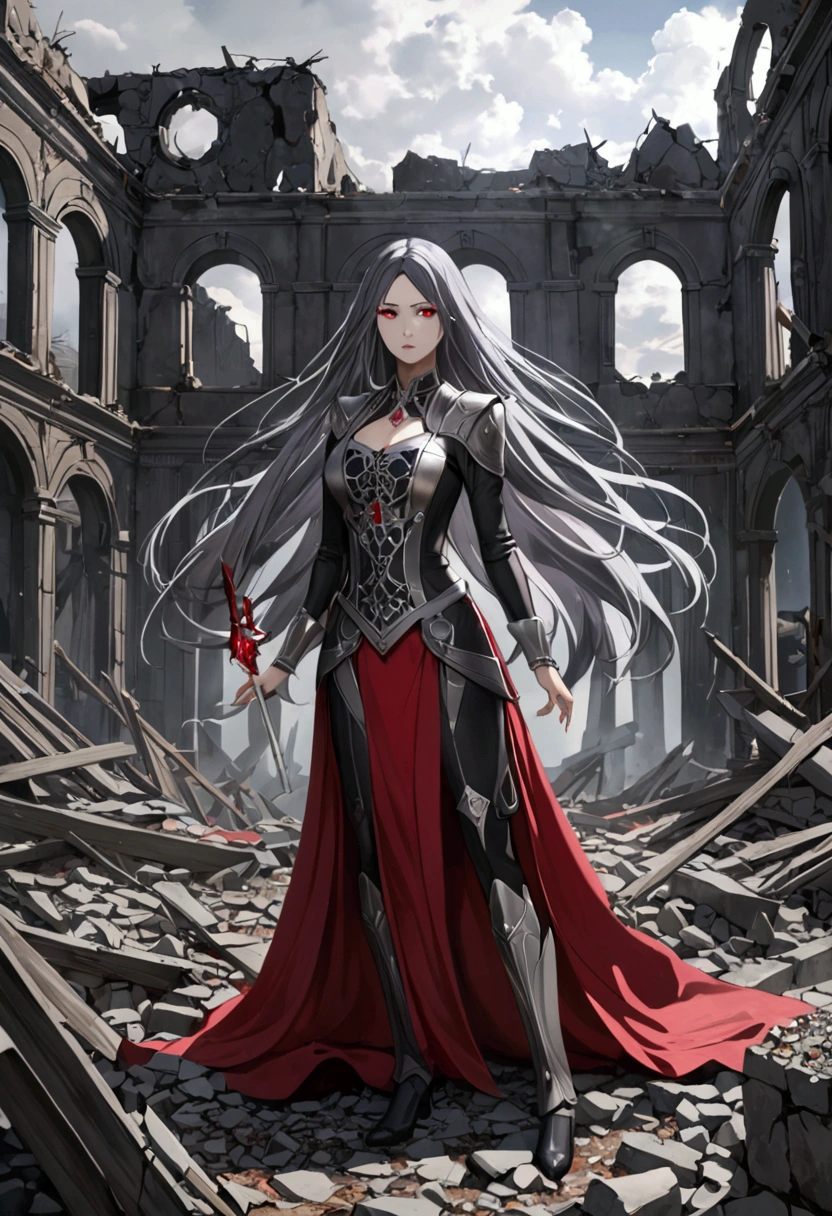 portrait, long hair, black gray hair, crimson eyes, 1girl, head, face, cultivators, absurdres, masterpiece, best quality, cultivators costume, ((female cultivators)), long hair, desolation, ruins, dynamic pose, apocalypse, spellcasting, Style-Glass, full body shot