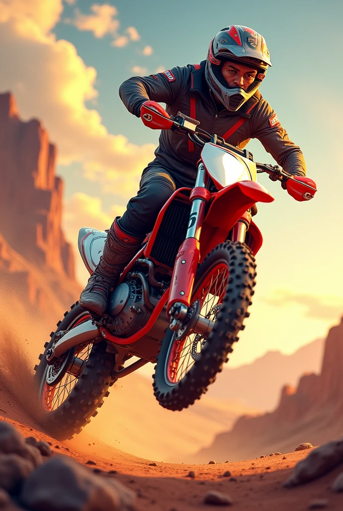 The image is a digital illustration or artwork that captures a moment of action and adventure. It features a motocross rider mid-jump, emphasizing the sport's dynamic nature. The rider's attire and the bike are detailed, suggesting a focus on realism in this stylized representation. The background landscape adds to the sense of motion and environment, likely chosen to enhance the dramatic effect of the scene. The colors are vibrant, with a warm color palette that could imply a setting sun or a stylized evening sky. Overall, the image seems to convey a sense of thrill and freedom associated with off-road motorcycling, retina, accurate, masterpiece, super detail, high details, best quality, award winning, highres, HD, 4K, 8k, 16k, retina, accurate, masterpiece, anatomically correct, textured skin, super detail, high quality, award winning, highres, 8k, 16k