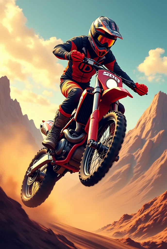 The image is a digital illustration or artwork that captures a moment of action and adventure. It features a motocross rider mid-jump, emphasizing the sport's dynamic nature. The rider's attire and the bike are detailed, suggesting a focus on realism in this stylized representation. The background landscape adds to the sense of motion and environment, likely chosen to enhance the dramatic effect of the scene. The colors are vibrant, with a warm color palette that could imply a setting sun or a stylized evening sky. Overall, the image seems to convey a sense of thrill and freedom associated with off-road motorcycling, retina, accurate, masterpiece, super detail, high details, best quality, award winning, highres, HD, 4K, 8k, 16k, retina, accurate, masterpiece, anatomically correct, textured skin, super detail, high quality, award winning, highres, 8k, 16k