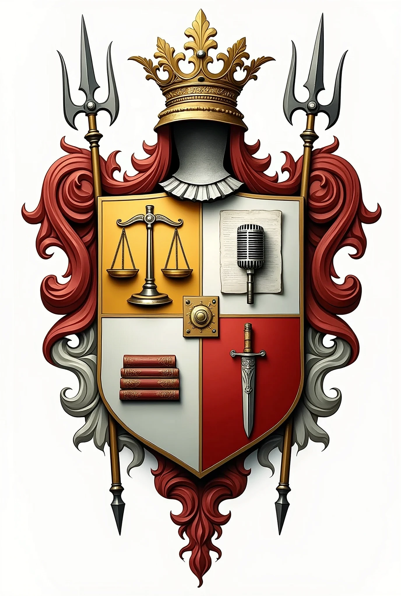 Generate coat of arms for the surname LUGO. Divide the shield into 4 quarters and place the following elements in them: 1) a scale of justice and a sword, 2) microphone, sheet of paper and fountain pen, 3)  books, 4) caduceus. External decorations of the shield, a pair of spears