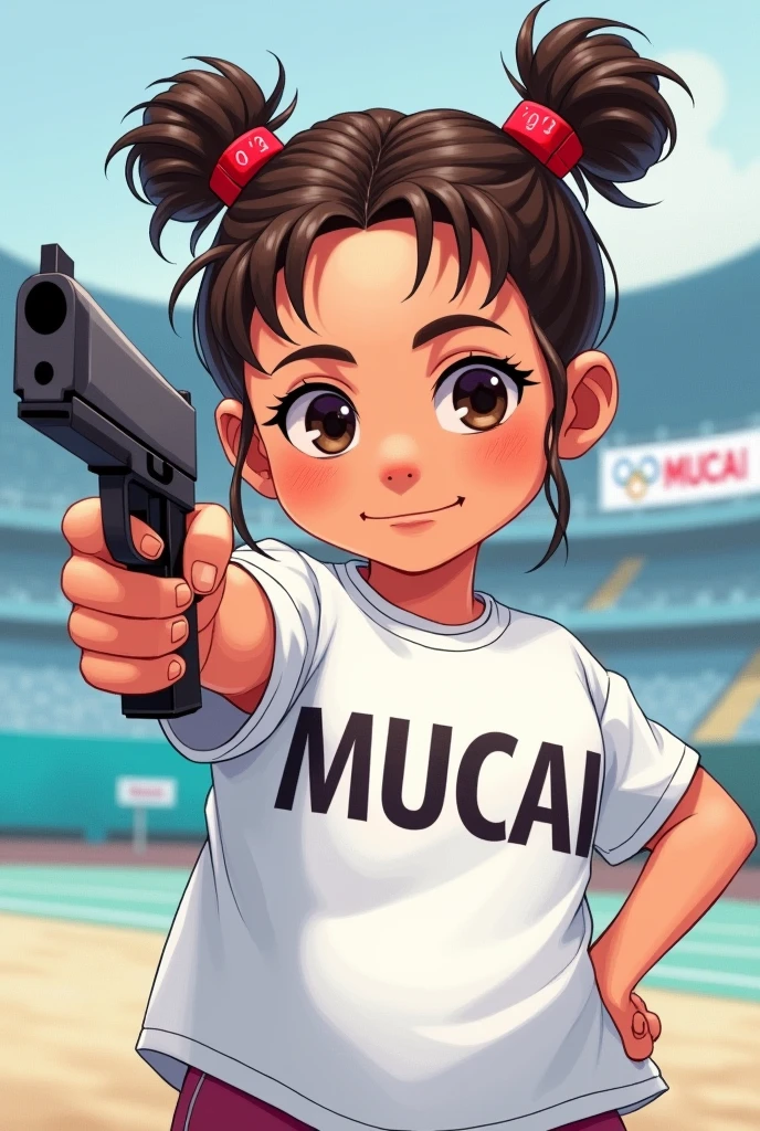 Draw a picture of a chubby girl wearing a white baggy t-shirt that says &#39;MUCAI&#39;. She is currently participating in the shooting competition at the 2024 Paris Olympics.. The athlete wore a red hair curler on his head and was pointing a gun forward with a serious and focused expression on his face.. In the background a banner is visible that says &#39;MUCAI&#39;.