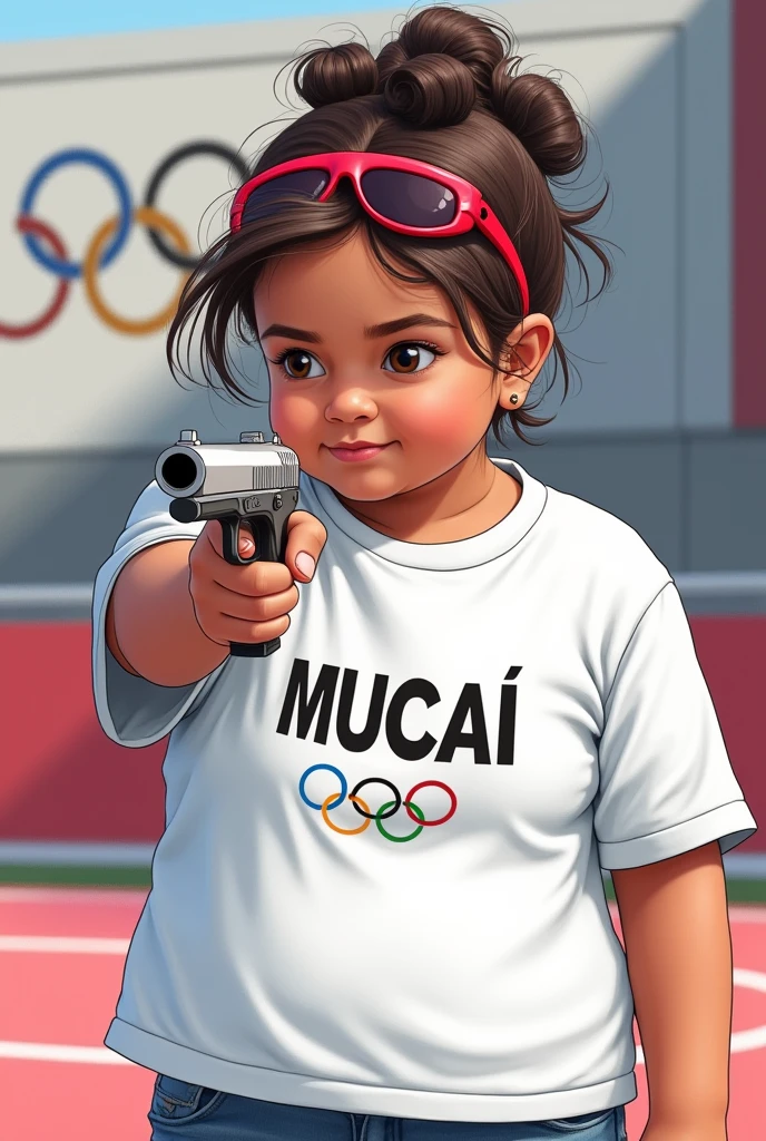 Draw a picture of a chubby girl wearing a white baggy t-shirt that says &#39;MUCAI&#39;. She is currently participating in the shooting competition at the 2024 Paris Olympics.. The athlete wore a red hair curler on his head and was pointing a gun forward with a serious and focused expression on his face.. In the background a banner is visible that says &#39;MUCAI&#39;.
