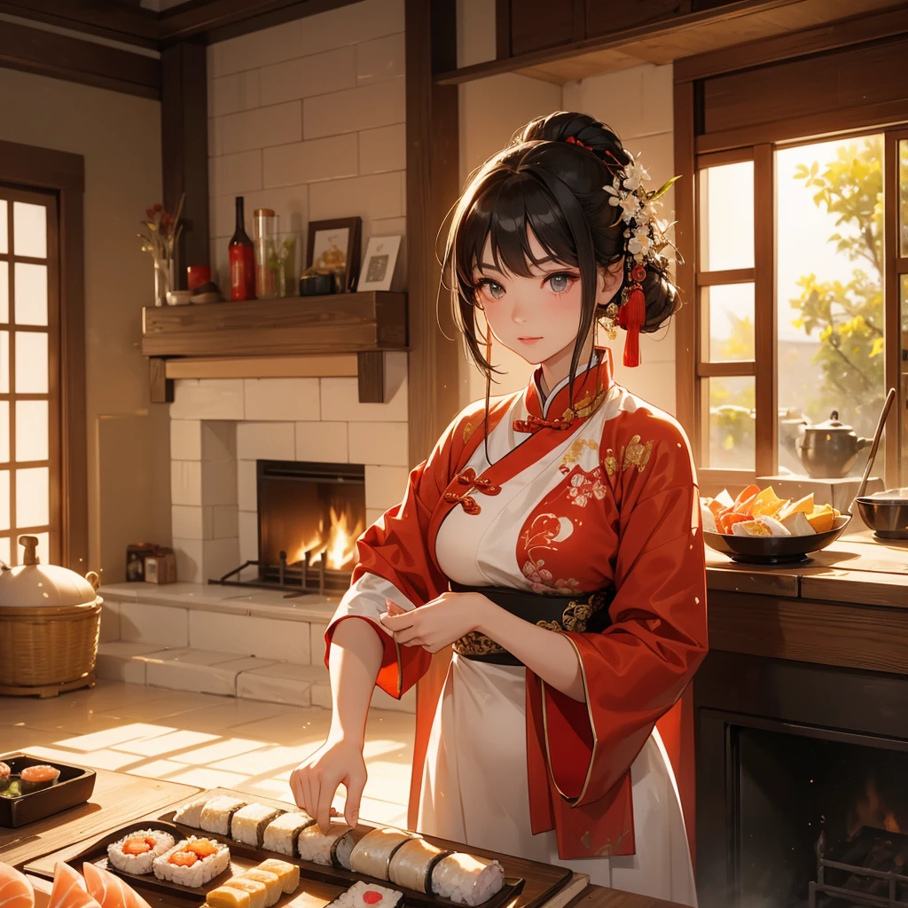 Beautiful girl in ancient Chinese costume Standing in the kitchen making sushi rolls in front of the fire in the middle of the day. The sun shines on my face, my eyes sparkle. There is a place for steaming steamed buns nearby.