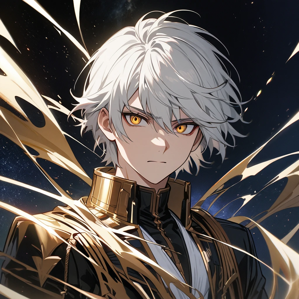 High quality, HD, 4k, no shadows, handsome male, 1male, 17 years old, teenager, short white hair, silver hair, white hair, sharp eyes, dark golden colored eyes, deep golden eyes, dark gold eyes, gold eyes, devil may cry, close up, calm expression, stoic expression, black leather clothes, white leather clothing, lean body, well trained body, upper body, looking at viewer, cowboy shot, white solar, space background