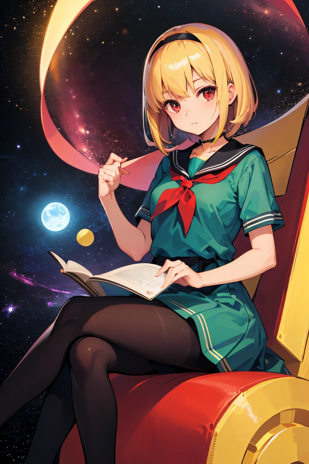 Gemstones Space Background Sitting on the throne One girl、solo、pantyhose、Blonde Hair、hair band、short hair、Short sleeve、黒いhair band、Green Dress、Sailor collar、黒いpantyhose、Red eyes、黄色のneckerchief、Sailor Dress、bangs、neckerchief、Small breasts、