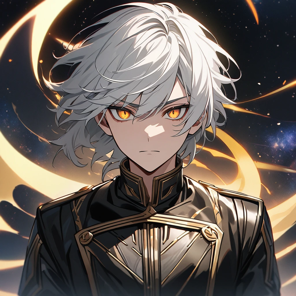 High quality, HD, 4k, no shadows, handsome male, 1male, 17 years old, teenager, short white hair, silver hair, white hair, sharp eyes, dark golden colored eyes, deep golden eyes, dark gold eyes, gold eyes, devil may cry, close up, calm expression, stoic expression, black leather clothes, white leather clothing, lean body, well trained body, upper body, looking at viewer, cowboy shot, white solar, space background