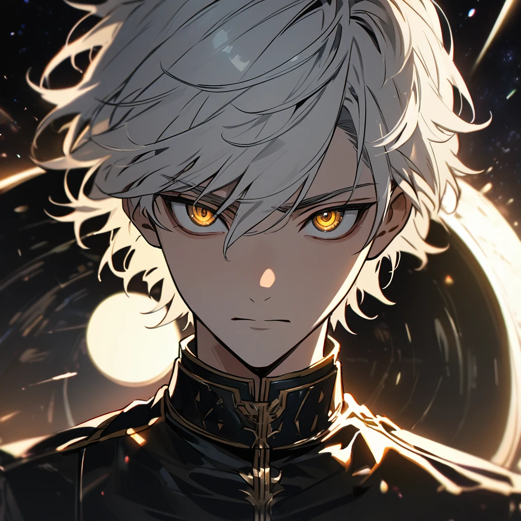 High quality, HD, 4k, no shadows, handsome male, 1male, 17 years old, teenager, short white hair, silver hair, white hair, sharp eyes, dark golden colored eyes, deep golden eyes, dark gold eyes, gold eyes, devil may cry, close up, calm expression, stoic expression, black leather clothes, white leather clothing, lean body, well trained body, upper body, looking at viewer, cowboy shot, white solar, space background