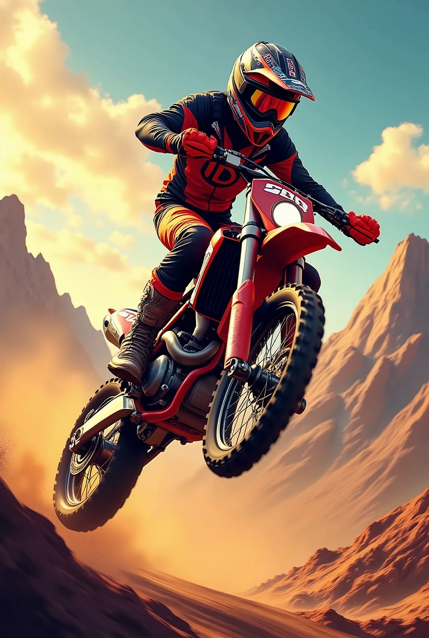 The image is a digital illustration or artwork that captures a moment of action and adventure. It features a motocross rider mid-jump, emphasizing the sport's dynamic nature. The rider's attire and the bike are detailed, suggesting a focus on realism in this stylized representation. The background landscape adds to the sense of motion and environment, likely chosen to enhance the dramatic effect of the scene. The colors are vibrant, with a warm color palette that could imply a setting sun or a stylized evening sky. Overall, the image seems to convey a sense of thrill and freedom associated with off-road motorcycling, retina, accurate, masterpiece, super detail, high details, best quality, award winning, highres, HD, 4K, 8k, 16k, retina, accurate, masterpiece, anatomically correct, textured skin, super detail, high quality, award winning, highres, 8k, 16k
