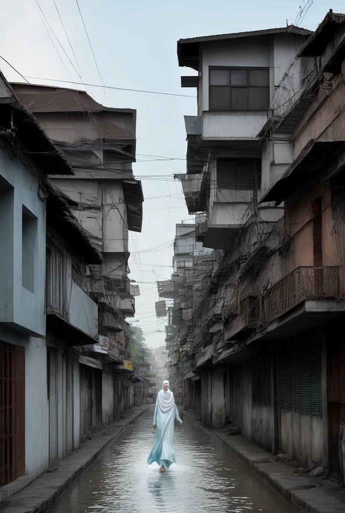 a bangladeshi street road, beside road there are rarely buildings. a slim woman is coming ahead, she is wearing white hijab, sky-blue dress, she has a face mas k and eye-glasses. she has a bug in her two soilder. she open her black umbrell a at noon. she is coming towards. Her frame of eye-glasses in color of water.