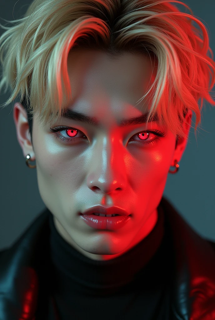 Ateez's Wooyoung with blonde hair and black streaks and red eyes