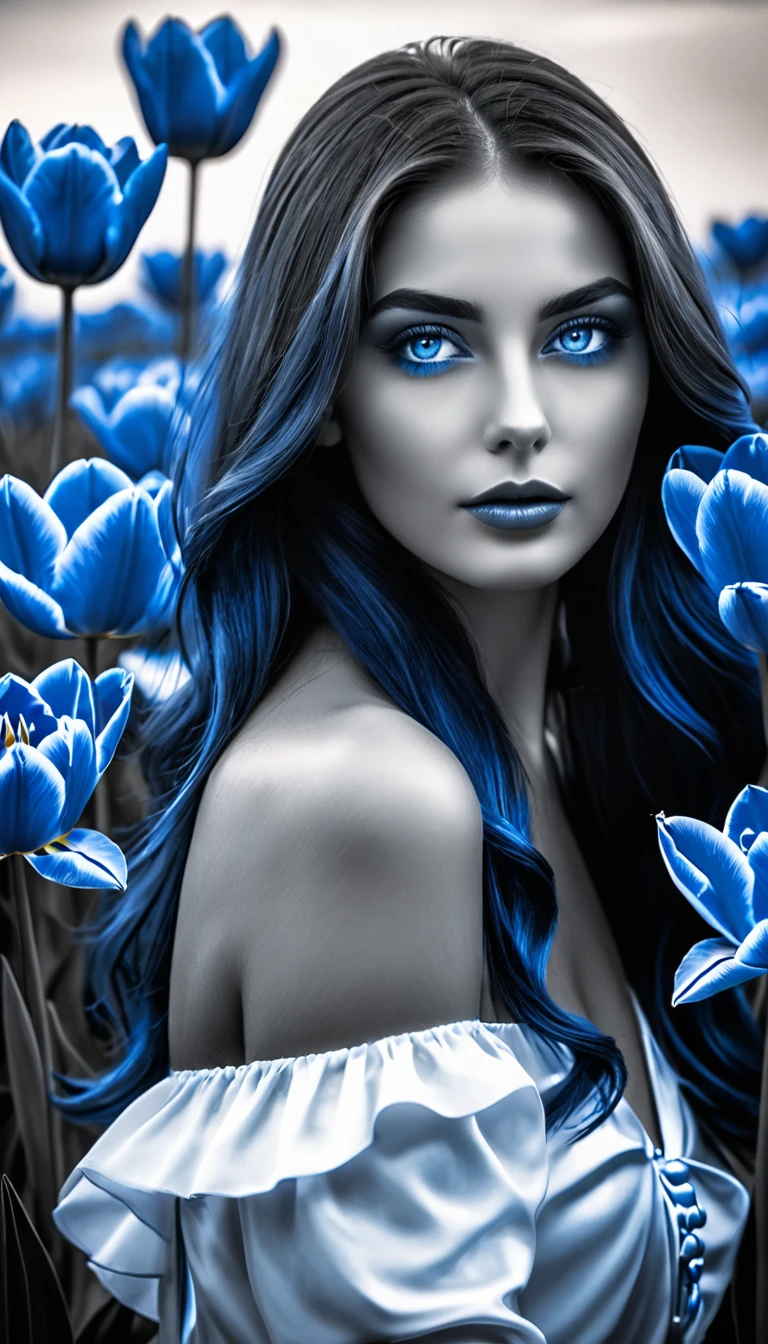 Photo noir et blanc et bleu profond, une femme aux yeux bleus sublimes, (longs cheveux aux reflets bleus électriques très détaillés), une peau impeccable, tir à moitié du corps, tenant une tulipe darkblue, intensité du regard captivant, style de photographie fantaisiste, capturé avec un appareil photo Arriflex 35BL utilisant des objectifs Canon K25, Cinématique, Éclairage dramatique, Extrêmement clair, masterpiece surréaliste à couper le souffle.
