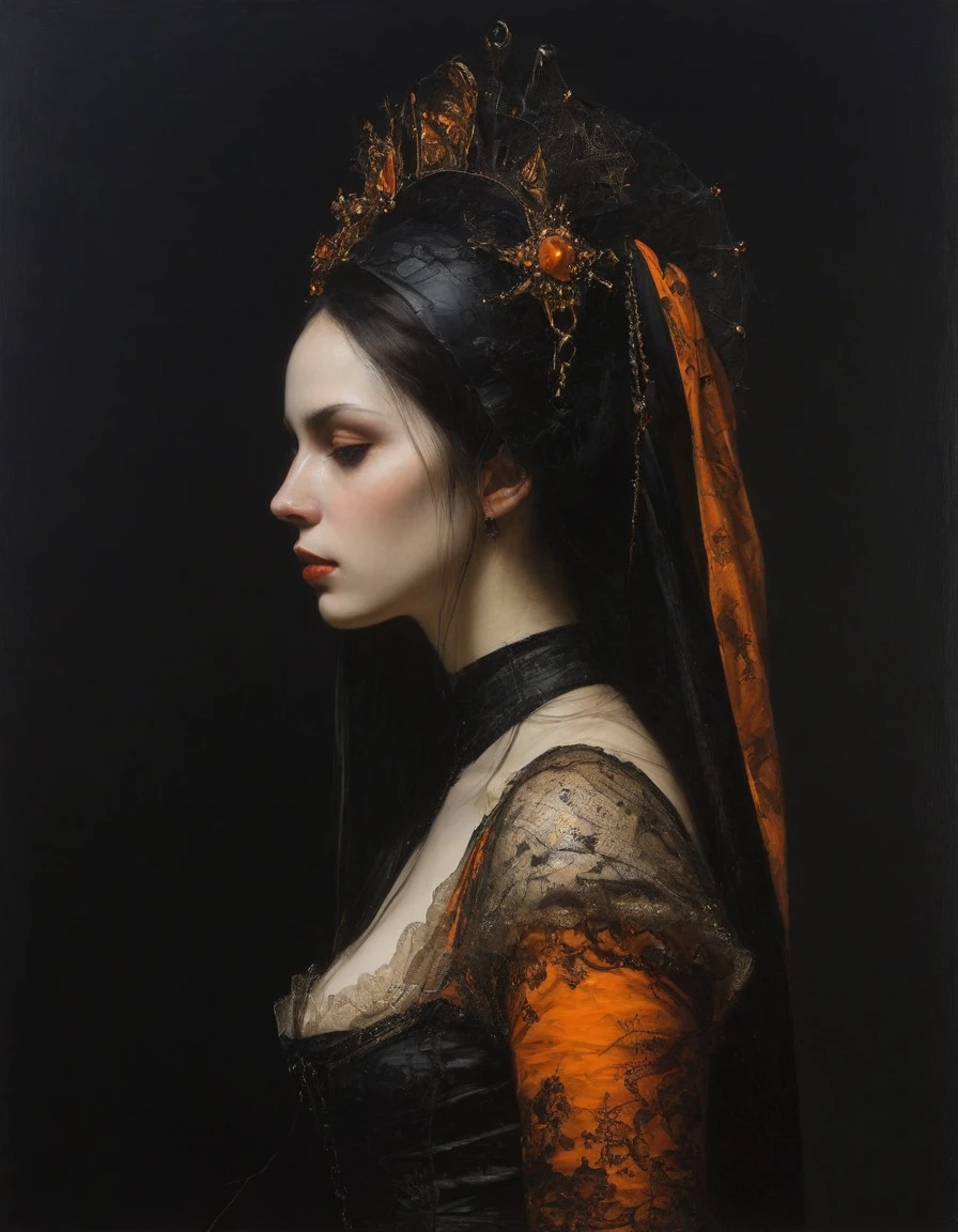 sideview,James Gurney, Surrealist art , dream-like, mysterious, Provocative, symbolic, Complex, detailed,(Gothic but very beautiful:1.4), (masterpiece, Highest quality:1.4) , Nicola Samori Style, Orange and black queen