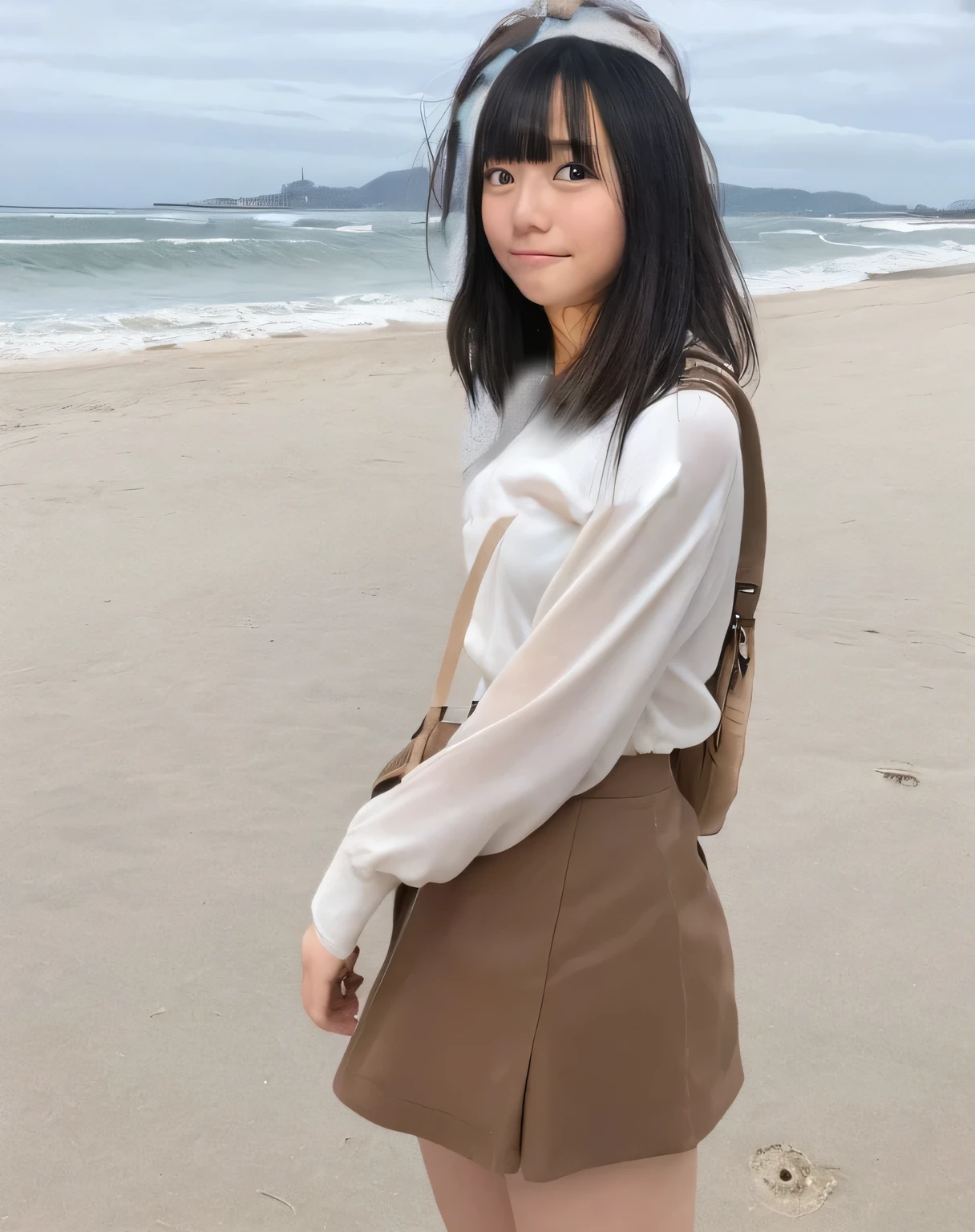 Highest quality,Super detailed,A woman looking at the camera on the beach at Enoshima,Turn slightly to the side and look at me,Long sleeve blouse,Flared mini skirt,Posing for a photo,She is carrying a cute beige backpack.,Distant scenery is blurry