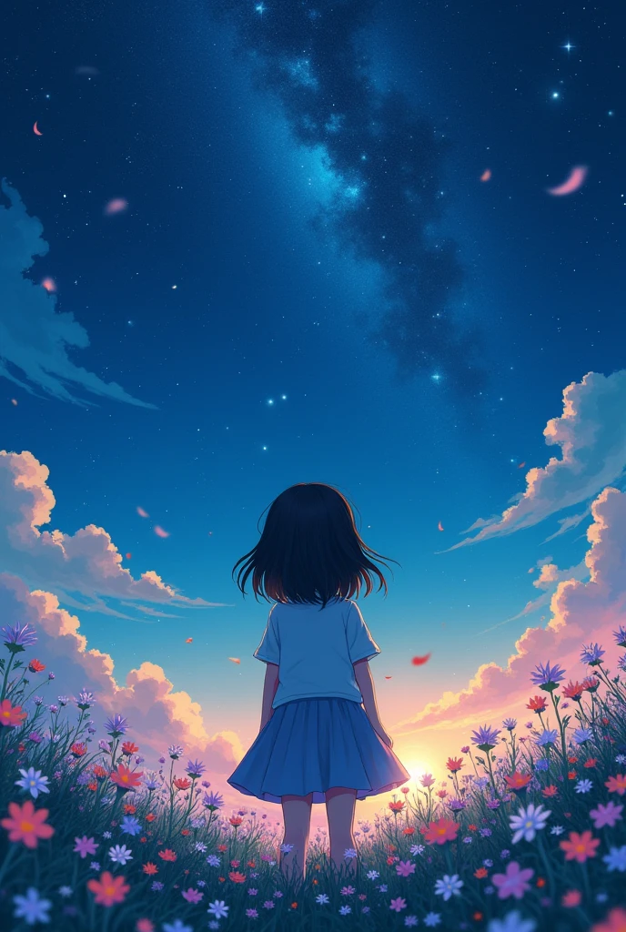 1girl, looking up at the sky, background of meadow, filled with colorful flowers, from behind near, luxury effect, 8k, wallpaper, anime style, night.