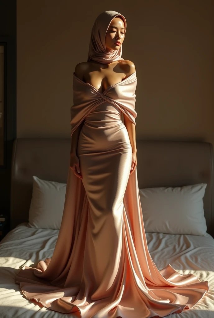 Asian woman wrapped in a satin cloth mimicking a mermaid gown with a striking large train, the cloth clings tightly to her figure, incorporates a hijab, standing with poise, see through whole body,half naked, nipple on, dramatic lighting, sexy pose in bed room, volumetric textures, ultra realistic, golden ratio.