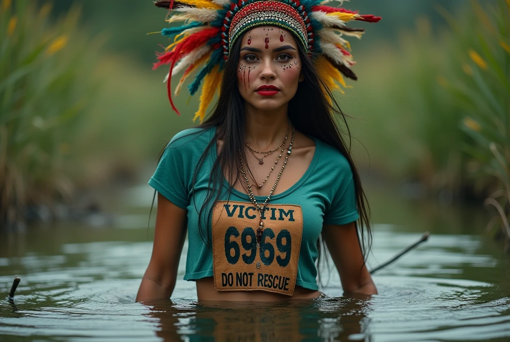 extremely detailed woman in jeans and t-shirt, sport small bib "VICTIM 6969 DO NOT RESCUE",  is victim of ritual, drowning in bog, in the middle of a bog, sexy photoshoot posing, wearing a beautiful headdress and traditional indigenous makeup. red, green, blue