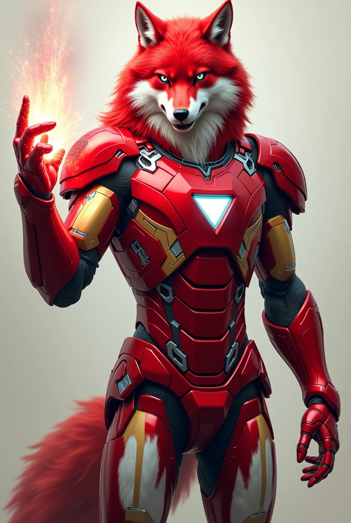 red and white wolf(mostly red) with a penetrating look while smiling slightly wearing an Ironman suit with the same colors pointing his right arm towards the camera with his open palm charging energy