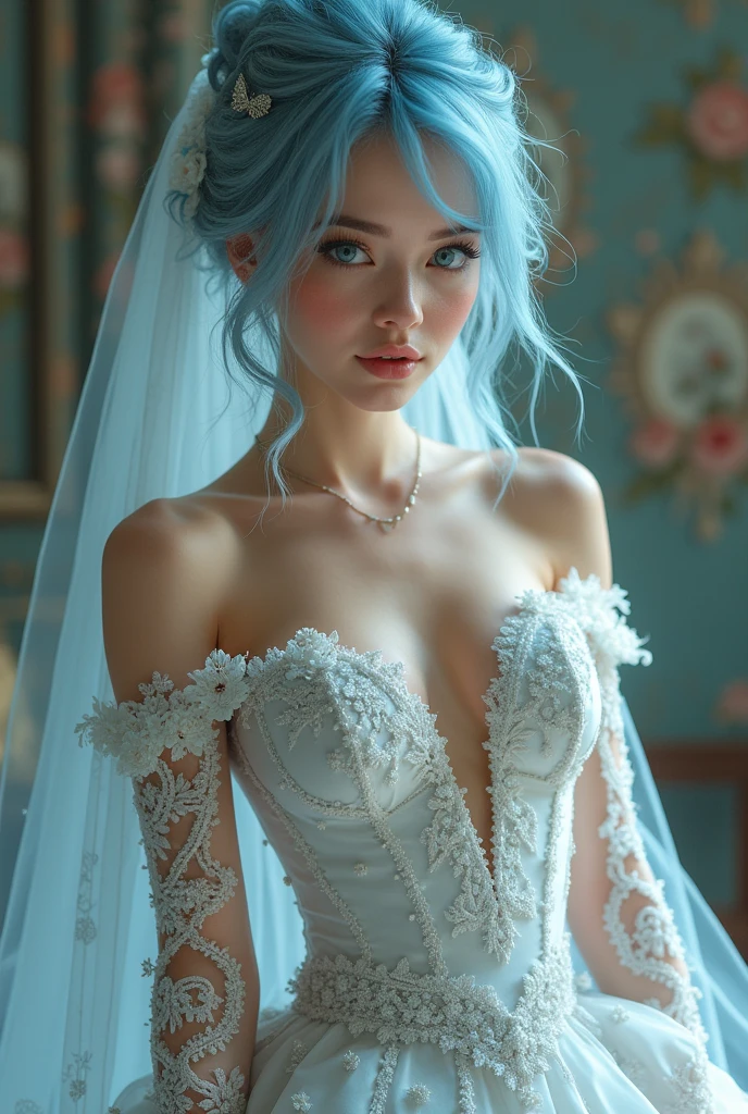 Woman (Mid 20's), butterfly tattoos, light blue hair in bun, pale skin with freckles, blue eyes, big perfectly shape breast, thick legs, big perfectly butt, skin tight strapless wedding dress with long sleeves (butterfly mesh), breast cleavage