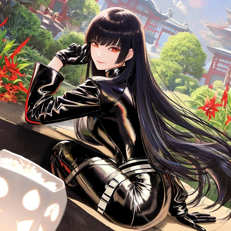 Asian Girls, Anime, Black Leather Pants, Satin Jacket with latex shirt, Long Hair with bangs, Zen Garden, with leather Gloves, Asian, Smile, Friendly, Happy, wet tongue out, drooling