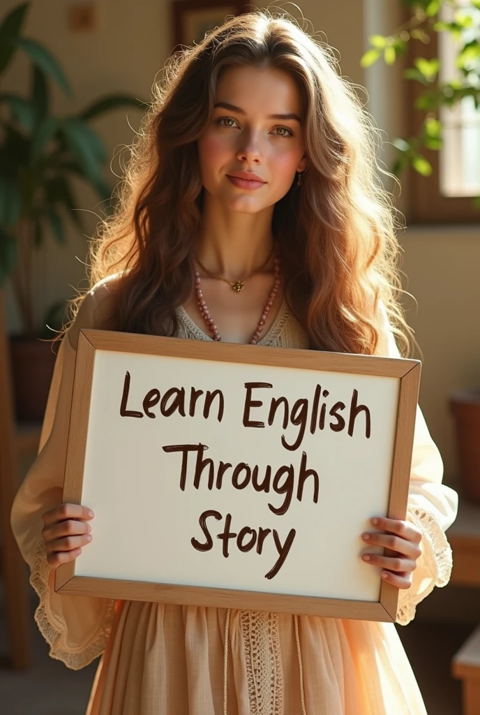 Beautiful girl with wavy long hair, bohemian dress, holding a white board with text "learn English Through Story" and showing it to the viewer