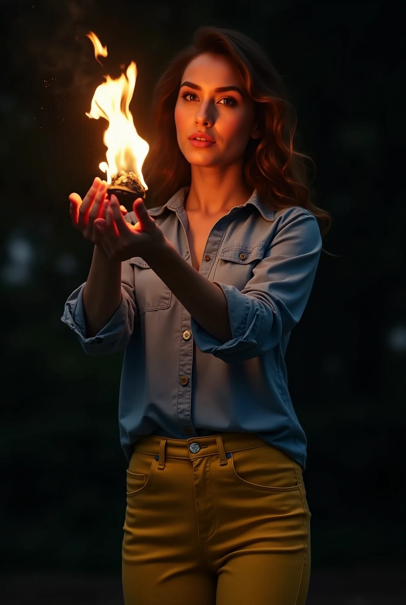 A woman in blue clothes and yellow jeans, in the dark and with a fire in our hands