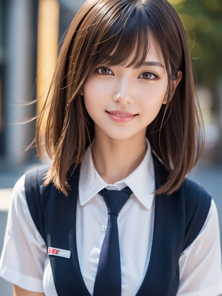 8k,Highest quality, masterpiece, Super detailed, 超High resolution, Realistic, RAW Photos, Absurd, The absolute solution, whole body ,Young and beautiful woman in Japan, Super cute face, Attractive person, Large Breasts , Long Bob Hair , (school uniform :1.3), machine ,Glossy Lips, Double eyelids on both eyes, Natural Makeup, Long eyelashes, shiny smooth light brown Long Bob Hair, Asymmetrical bangs, Glowing Skin, Center image, High resolution, Attention to detail, Detailed hairstyle, Detailed face, Great cinema lighting, Octane Rendering, Vibrant, Ultra-realistic, Perfect limbs, Perfect Anatomy,Black Hair,smile, Gaze,