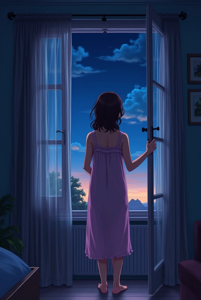 The scene where a housewife turns her back and locks the door. Her back view of her wearing a nighty in the room. The curtain should be closed the windows in the room and darkness should be depicted inside the night. The background should be bright and colorful, dynamic, anime art.