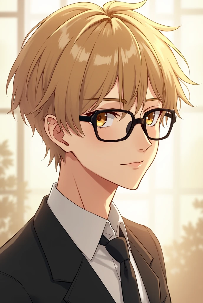 Anime Bishonen、Black-rimmed square-frame glasses、Fine hair、Short bangs、Blonde、Amber Eyes、Intellectual atmosphere
