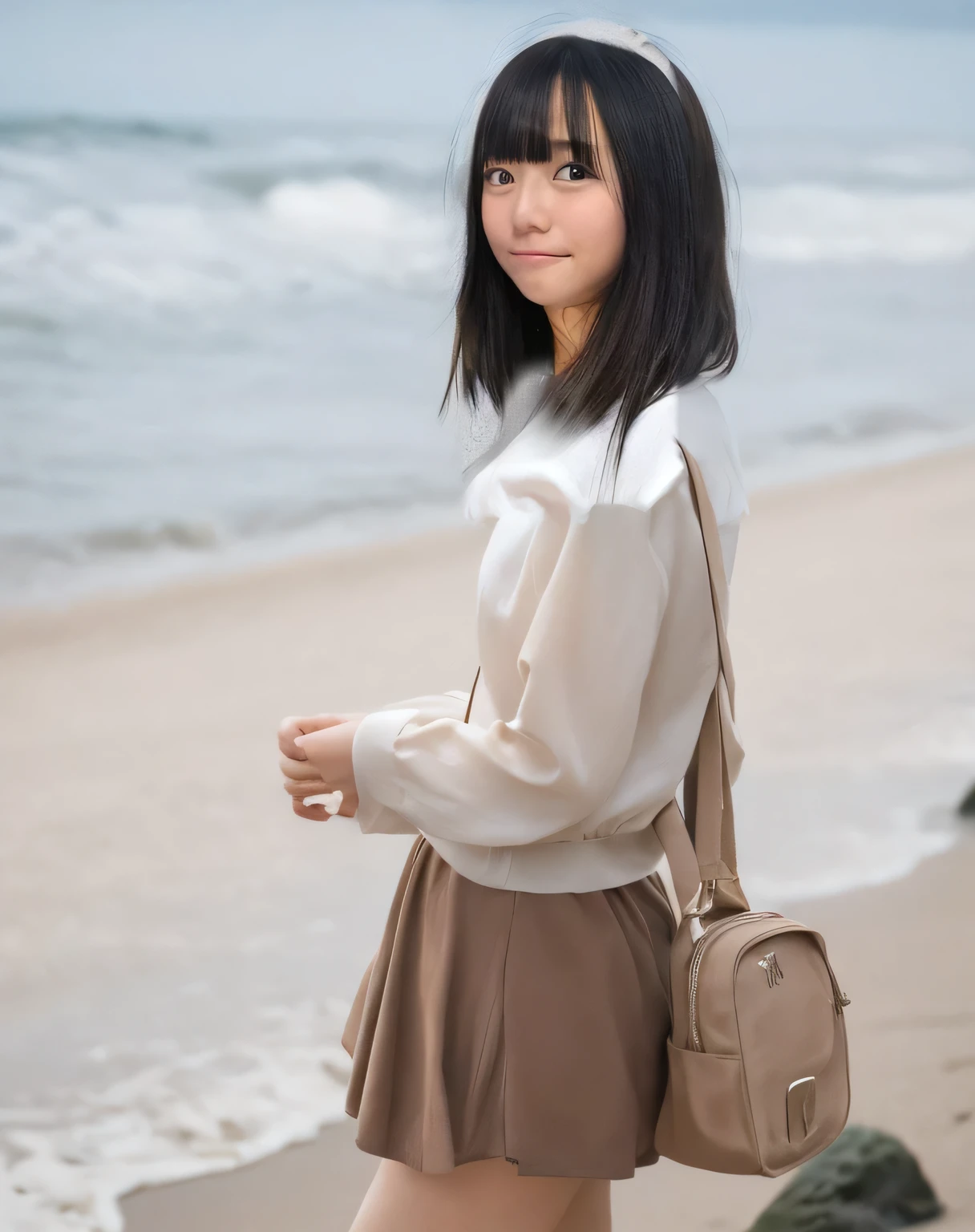 Highest quality,Super detailed,A woman looking at the camera on the beach at Enoshima,Turn slightly to the side and look at me,Long sleeve blouse,Flared mini skirt,Posing for a photo,She is carrying a cute beige backpack.,Distant scenery is blurry